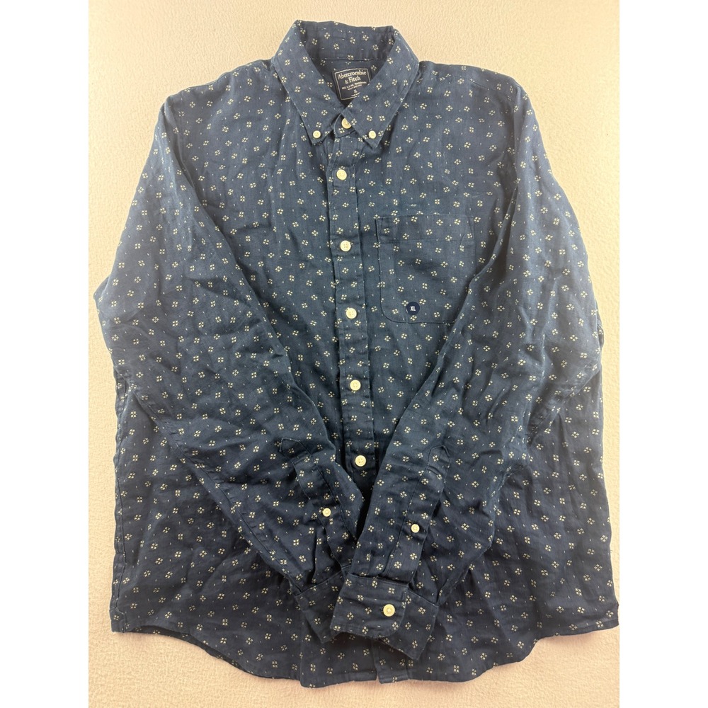 Abercrombie & Fitch Mens XL Navy Blue 100% Linen Geometric Diamond Button Down